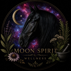 Moon Spirit Wellness Logo - black horse with galaxy background, crescent moon, and botanical elements
